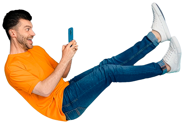 Man floating in mid-air, absorbed in his phone